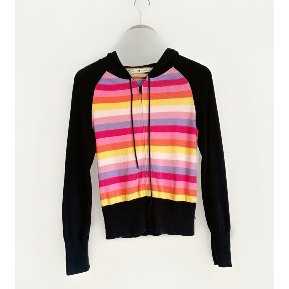 Tommy Hilfigerl Y2K Colorful Rainbow Stripe Hoodie Zip Jacket Size Large